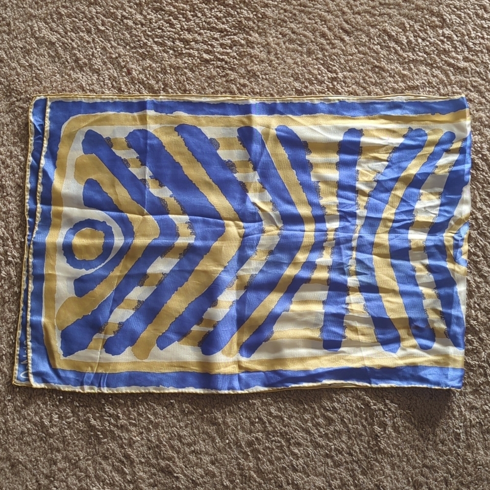 Vera Long Silk Scarf Abstract Design Blue Gold White Quiet Luxury Designer - Picture 11 of 13